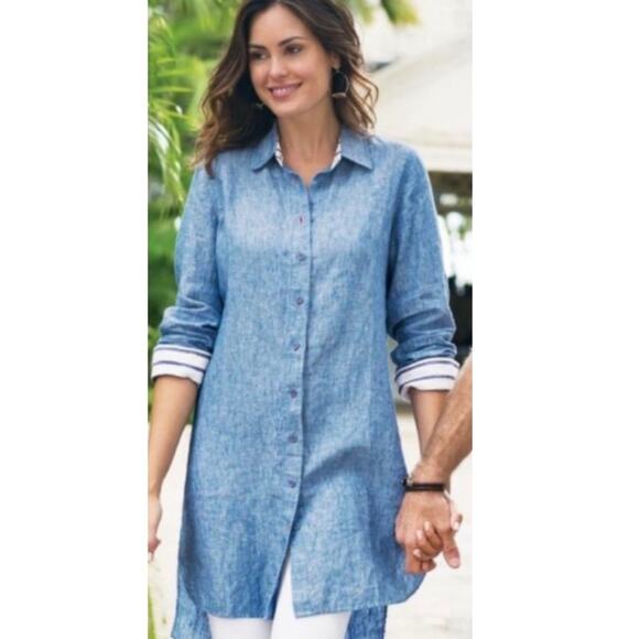 Soft Surroundings Blue Linen Button-Up Shirtdress Tunic NWOT - Picture 2 of 9